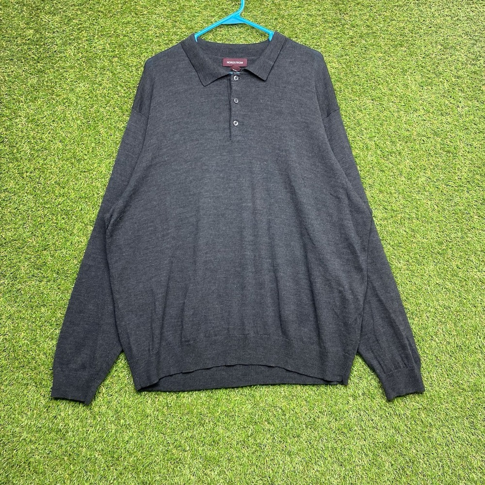 Nordstrom Sweater Mens XL Polo Style 100% Merino Wool Grey Henley Y2K Modern
